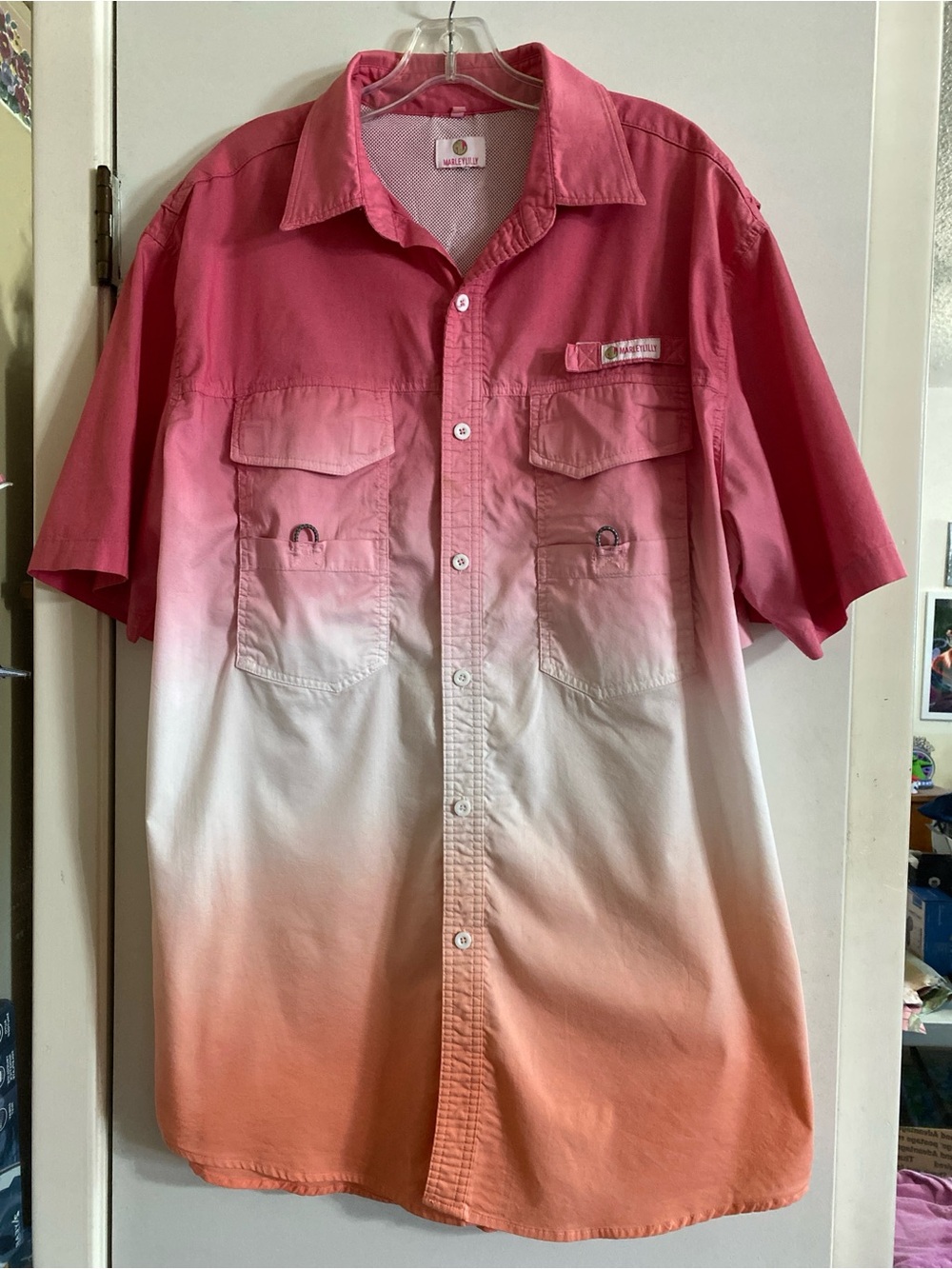 MARLEYLILLY Men's Pink to Orange Ombre Short-Sleeve Button fishing Shirt